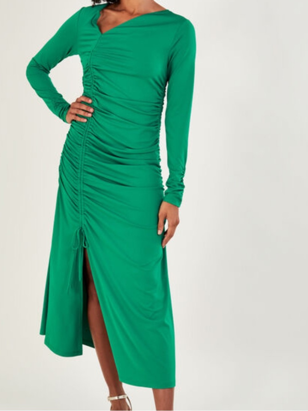 Monsoon Kelly Green Ruched Side Stretch Jersey Leg Slit Dress Size Medium